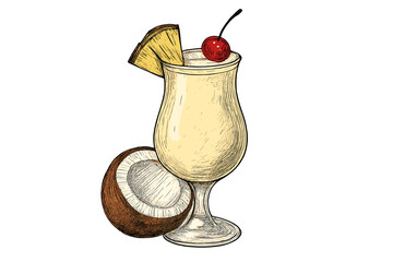 Tropical cocktail with pineapple and cherry garnish next to a fresh coconut