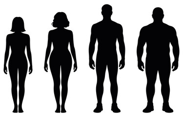 female and male full body silhouette set showing various standing poses, suitable for fashion design, anatomy studies, wellness concepts, and modern minimal vector illustration projects