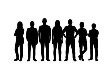 Diverse group of seven adult people standing together in black silhouette