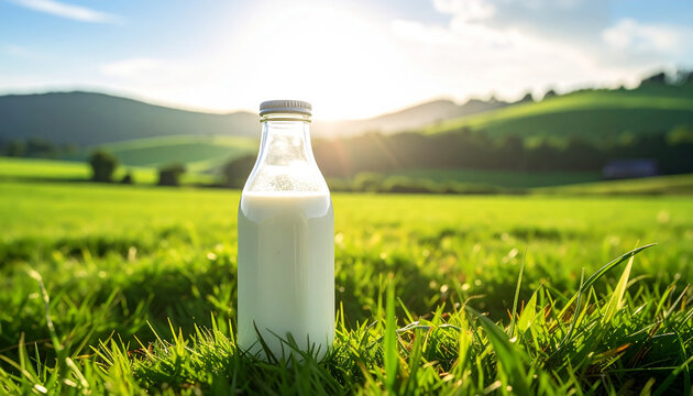 Glass bottle of fresh milk in a green grassy field at sunrise with rolling hills dairy