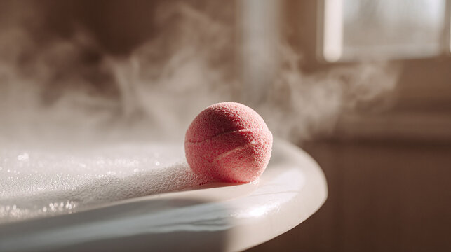 Serene spa scene A pink bath bomb sits on the edge of a steaming tub, promising relaxation and selfcare. Ideal for wellness, beauty, and lifestyle content. - Powered by Adobe