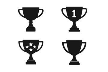 Black silhouette trophy cup icons symbolizing first place and star rating symbols