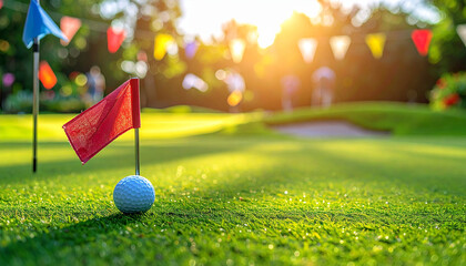 Golf Ball and Red Flag on a Green Golf Course at Sunset Keywords: golf, ball, flag, green, course, sport, recreation