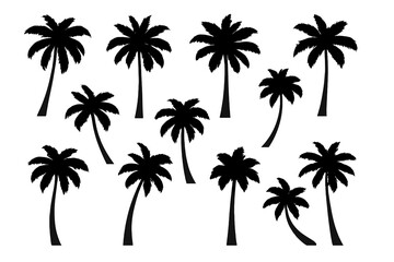 Collection of diverse black palm tree silhouettes for tropical summer vacation designs