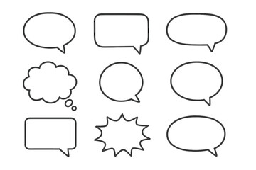 Fototapeta premium Nine different outline communication bubbles including speech, thought, and comic burst shapes