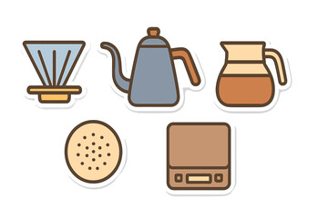 Essential tools for manual coffee brewing including kettle, dripper, server, and scale