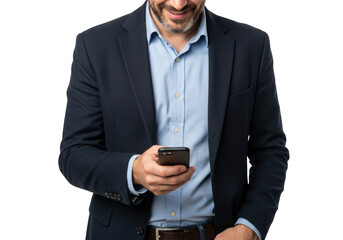 Man in suit holding smartphone isolated on transparent background