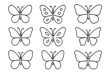 Nine simple hand drawn butterfly outlines set for coloring or decoration