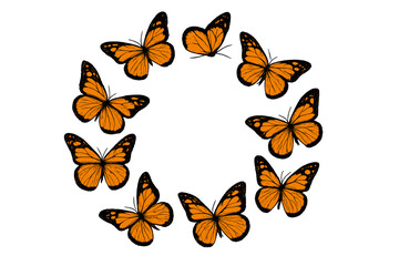 Group of monarch butterflies arranged in a decorative circular frame pattern