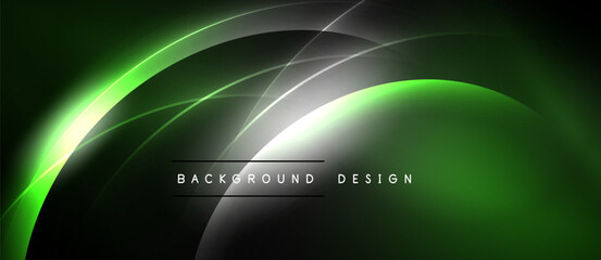Abstract green neon lines over dark background. Smooth curves create dynamic visual effect. Modern design element for presentations.