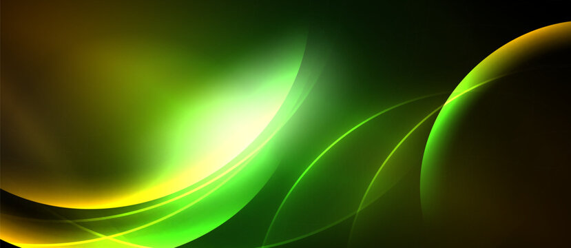 Abstract design features flowing curves, vibrant green hues, golden accents. Smooth gradients create dynamic visual effect. Dark background emphasizes luminosity.
