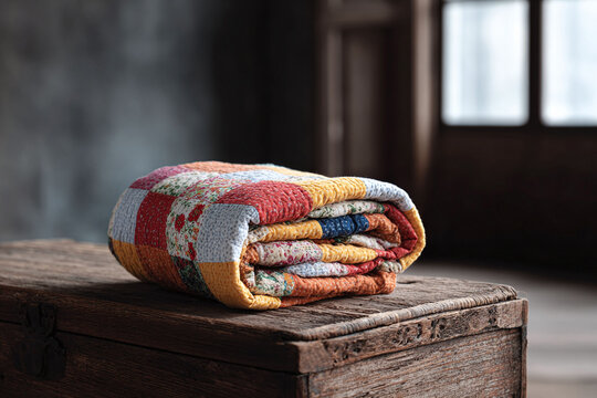 Rolled patchwork quilt on rustic wooden chest. Cozy, nostalgic, and warm. Great for illustrating home decor, handmade crafts, or heritage themes.