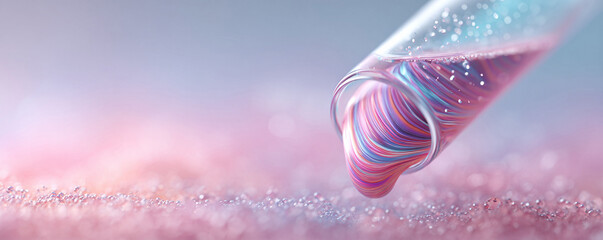 Abstract, artistic image featuring a clear tube with colorful, flowing liquid on a textured surface. Perfect for science, beauty, or creative concepts.