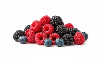 Fresh mixed berries including raspberries, blackberries, blueberries, and red currants.