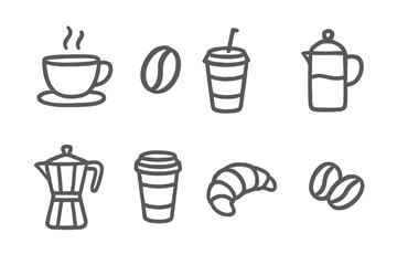 Minimalist outline icons set of coffee beverages, brewing tools, and a delicious croissant