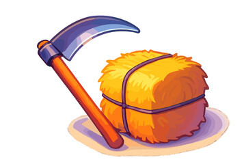 Traditional farming tools scythe and round hay bale tied with rope on white background