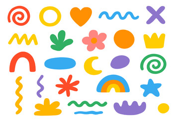 Colorful abstract doodle shapes set with hand-drawn texture for playful design elements