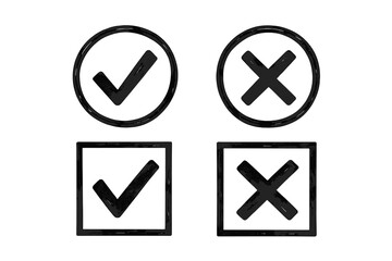 Hand drawn check mark and cross icons set in circles and squares for user interface design