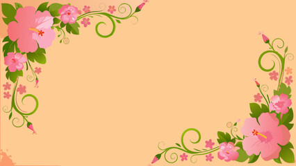Pink hibiscus flowers and green swirls on a peach background