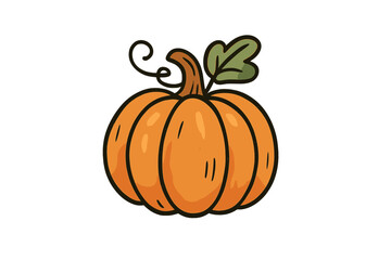 Orange pumpkin with stem, leaf, and vine, hand-drawn for autumn harvest and Halloween