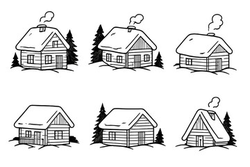 Six hand-drawn style log cabins covered in snow with pine trees and smoking chimneys