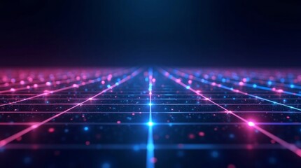 Digital grid with glowing particles and light lines