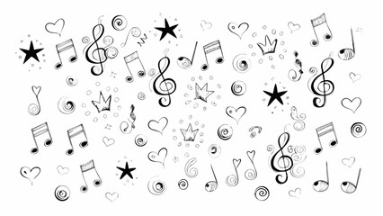 Whimsical hand drawn music notes hearts and stars pattern