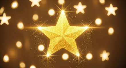 Glittering golden star with sparkling particles and glowing bokeh lights against a warm background, symbolizing celebration, success and magic