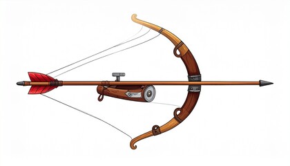 Fototapeta premium Hybrid Bow and Flintlock Rifle Concept with Wooden Stock and Mounted Arrow in Fantasy Style