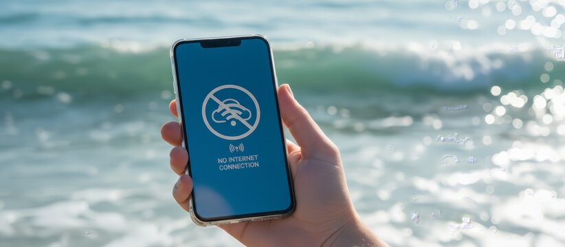 Hand holding a smartphone displaying an error message for no internet connection, with ocean waves in the background, symbolizing a digital detox or a connection problem during vacation - Powered by Adobe