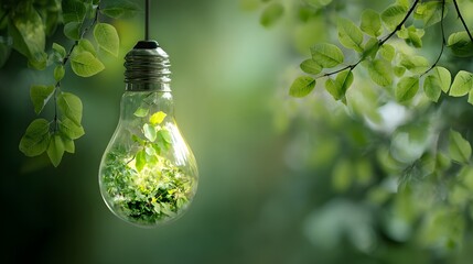 Glass illumination device filled with lush green foliage hangs suspended amidst surrounding verdant branches