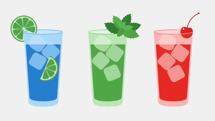 Refreshing colorful cocktails with ice cubes, mint, and lime slices on a plain background