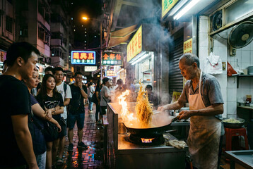 Chef Stir-Frying Noodles on a Wok with Fire and Smoke at Asian Street Food Stall at Night.