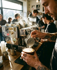Close-up of Barista Hands Pouring Latte Art into Coffee in a Busy Cafe.
