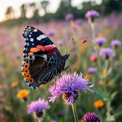 Close up of a striking red admiral butterfly with intricate wing patterns perched on a vibrant purple wildflower in a sunlit meadow during a warm summer day