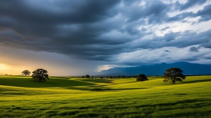 Obraz premium Dramatic Landscape with Rolling Green Hills and Approaching Storm Clouds Perfect for Travel and Nature Photography Enthusiasts