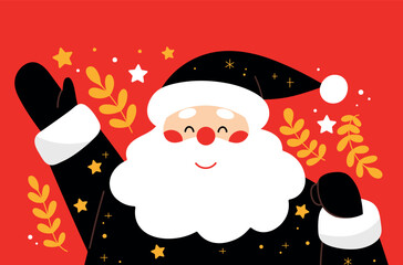 Cute Santa Claus vector illustration on a red background. Merry Christmas. Perfect for Christmas cards, posters, invitations, banners, and holiday designs.