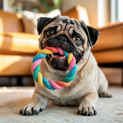 Adorable fawn colored pug dog with wrinkled face joyfully running outdoors holding a pink ring toy in its mouth on a sunny day