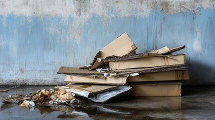 Obraz premium A pile of warped water logged cardboard and decaying materials stacked against a textured blue and grey wall with a wet ground reflection