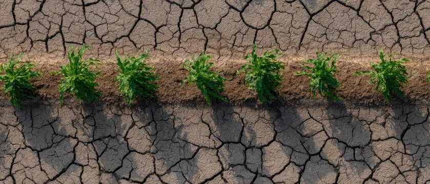 Dry cornfield under the hot summer sun contrasts with green plants thriving on dark brown soil nearby