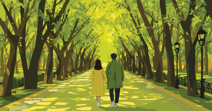 Para zakochanych spaceruje aleją obsadzoną drzewami w słoneczny, wiosenny dzień, wektorowa ilustracja.