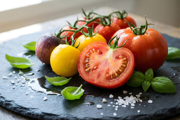 Colorful Heirloom Tomatoes, Basil, and Sea Salt on a Dark Slate Board.