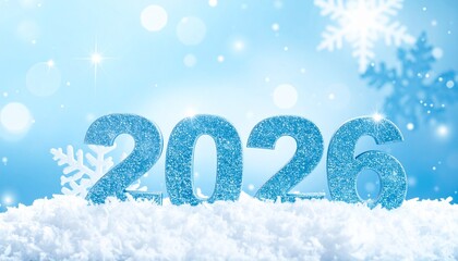 Happy New Year 2026 in Glittery Blue Text with Snow Accents on Light Blue Gradient Background