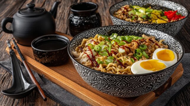 Delicious close-up of colorful ramen bowls with eggs, green onions, and a side of soy sauce, perfect for food lovers and culinary photography enthusiasts
