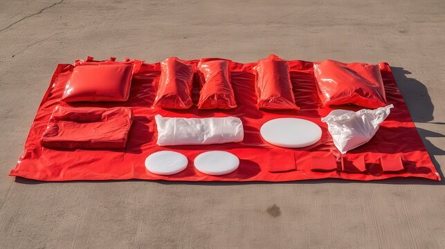 A red biohazard spill kit laid out on the ground with various absorbent materials and containment items for emergency response and protection