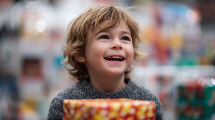 A happy young child holding a colorful gift box, looking up with joy and anticipation. Perfect for themes of childhood, celebration, and giftgiving occasions.