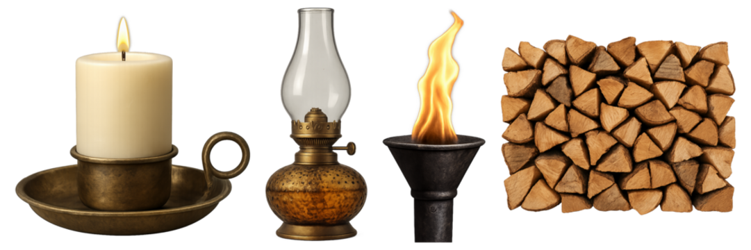 Lit wax candle, vintage oil lamp, burning torch, and stacked firewood logs arranged in a row, representing historical sources of light, warmth, and energy