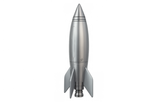 Silver rocket standing, symbol of space travel, science fiction, technology, and cosmic exploration, transparent background - Powered by Adobe