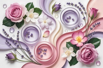 Elegant floral arrangement with lavender, roses, and water droplets creates a serene and calming spa atmosphere, perfect for wellness brands and beauty product promotions