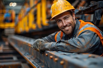 Worker smiles confidently while leaning on industrial equipment in a busy construction site during daytime